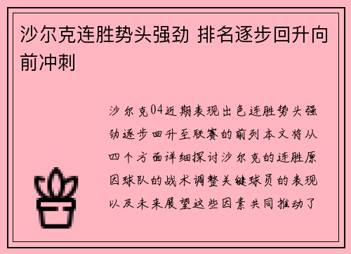 沙尔克连胜势头强劲 排名逐步回升向前冲刺