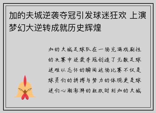 加的夫城逆袭夺冠引发球迷狂欢 上演梦幻大逆转成就历史辉煌