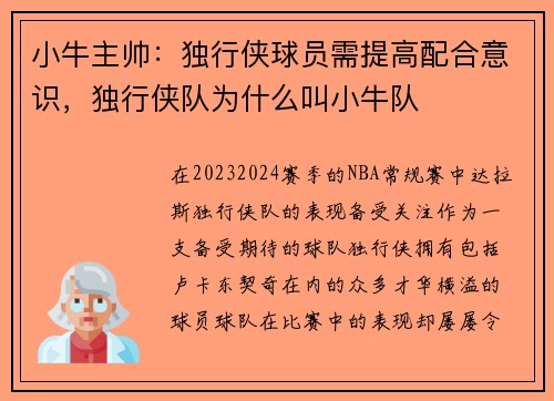 小牛主帅：独行侠球员需提高配合意识，独行侠队为什么叫小牛队