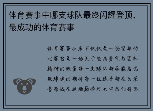 体育赛事中哪支球队最终闪耀登顶，最成功的体育赛事