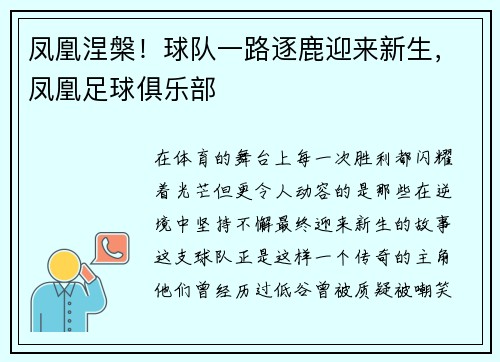 凤凰涅槃！球队一路逐鹿迎来新生，凤凰足球俱乐部