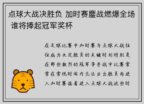 点球大战决胜负 加时赛鏖战燃爆全场 谁将捧起冠军奖杯