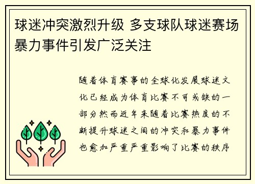 球迷冲突激烈升级 多支球队球迷赛场暴力事件引发广泛关注