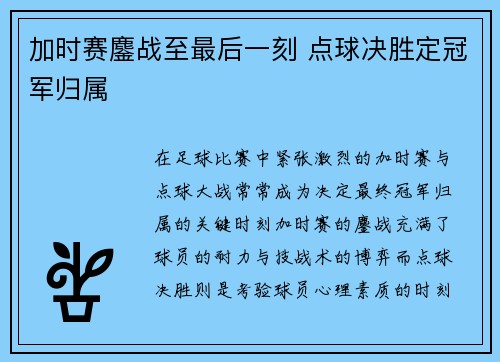 加时赛鏖战至最后一刻 点球决胜定冠军归属